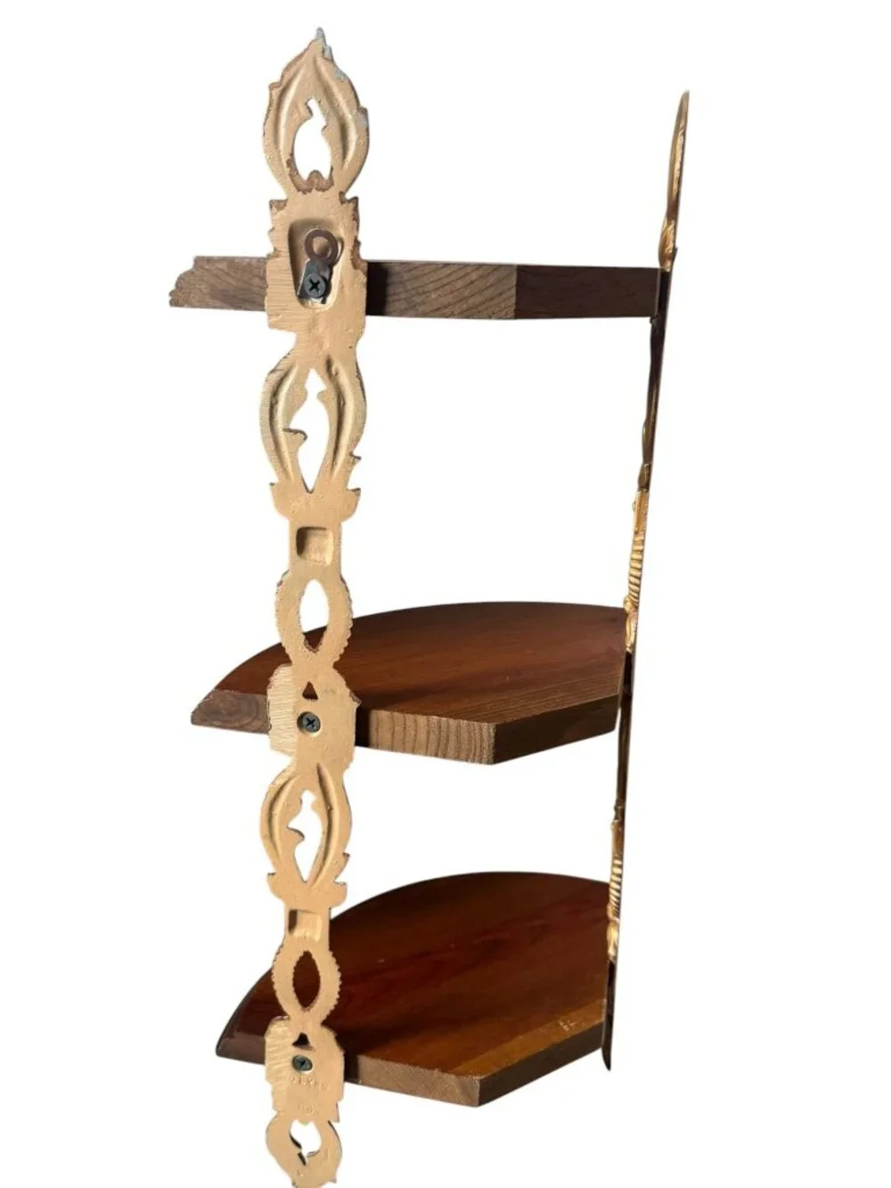 Vintage Sexton 3 Tier Wooden Wall Corner Shelf With Ornate Metal Brackets